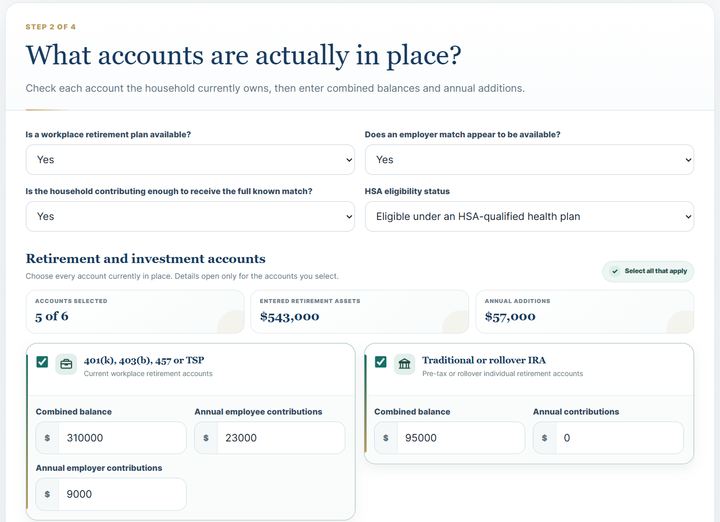Actual Retirement Readiness Check account inventory step