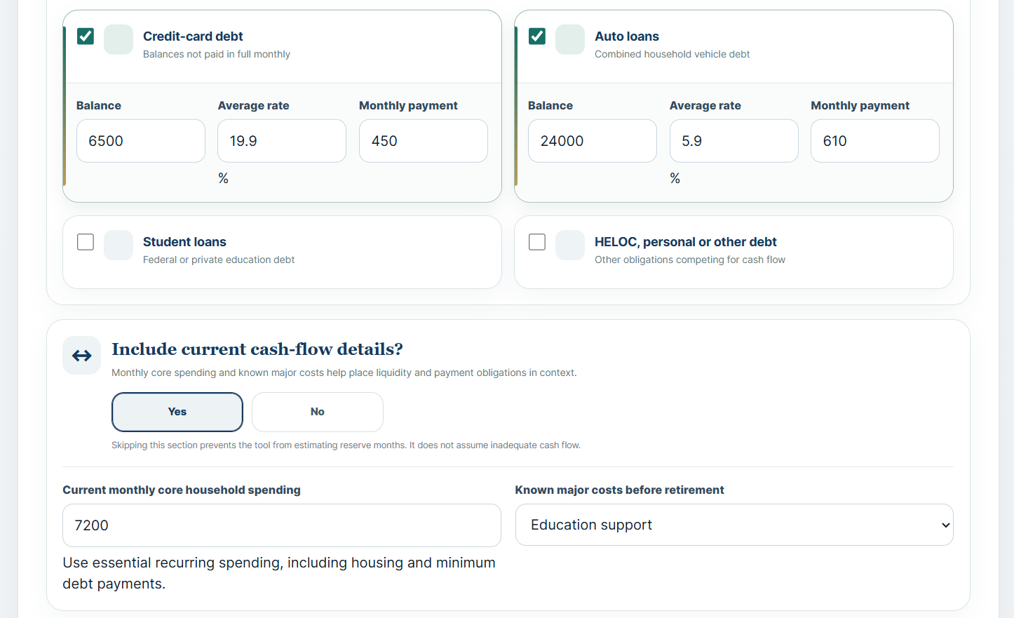 Actual Retirement Readiness Check debt and cash flow step